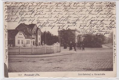 89275 Ak Arnstadt in Thüringen Süd Bahnhof und Gerastrasse 1914