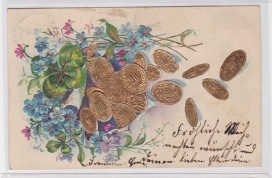 89735 Glückwunsch AK vierblättriges Kleeblatt, Blüten & goldene Pfennige 1905