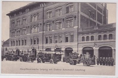 89970 Ak Hauptfeuerwache Leipzig mit Elektro Automobil Löschzug um 1910