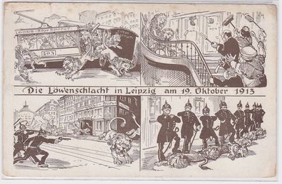 89979 Mehrbid Humor AK Die Löwenschlacht in Leipzig am 19. Oktober 1913