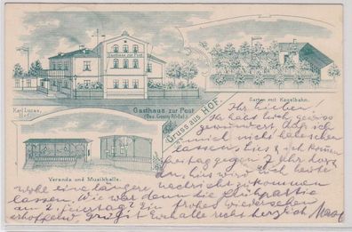 90312 Mehrbild AK Gruss aus Hof - Gasthaus zur Post, Garten mit Kegelbahn 1903