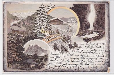 90531 Lithografie AK Gruss von Grindelwald - Wasserfall und Talblick 1896