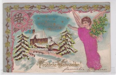 90636 Fröhliche Weihnachten Präge Stoff Ak Engel vor Winterlandschaft 1901