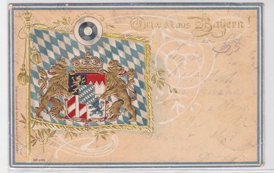 90895 Präge AK Gruss aus Bayern - bayrisches Wappen auf Staatsflagge 1900