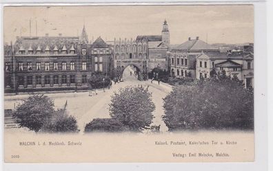 91155 AK Malchin in der Maecklenburgischen Schweiz - Postamt, Tor & Kirche 1907