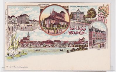 91236 Lithografie AK Gruss aus Waren - Rathaus, Post, Schule & Georgenkirche