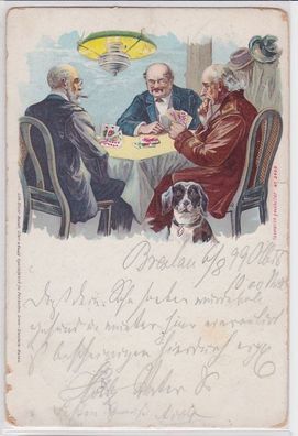 91327 Künstler AK Männerrunde beim Poker spielen, Hund als Beobachter 1899