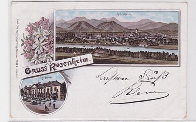 91356 Ak Lithographie Gruss aus Rosenheim Kaiserbad und Totalansicht 1897