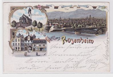 91358 Ak Lithographie Gruss aus Rosenheim Mitter Thor und Totalansicht um 1900