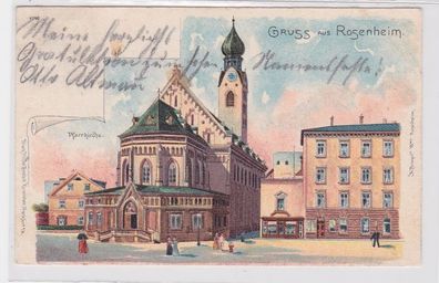 91361 Ak Lithographie Gruss aus Rosenheim Pfarrkirche 1901