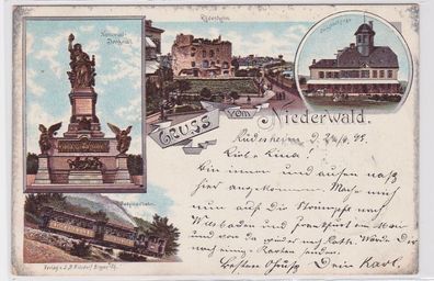 92110 AK Gruss vom Niederwald - National-Denkmal, Jagdschloss & Zahnradbahn 1899