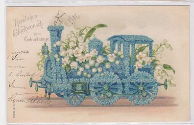 92334 Geburtstags Präge Ak Lokomotive aus Vergißmeinnicht um 1905