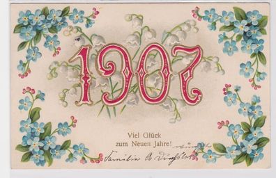 92335 Neujahrs Präge Ak Vergißmeinnicht und Jahreszahl 1907
