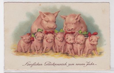 92780 Ak Herzlichen Glückwunsch zum neuen Jahr Schweinefamilie um 1930