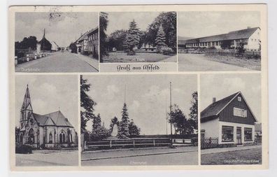 93730 AK Gruß aus Astfeld - Kirche, Ehrenmal, Geschäftshaus Enss, Schule 1956