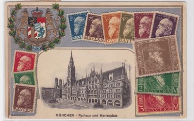 94653 Briefmarken Präge AK Wappen München Rathaus und Marienplatz 1911