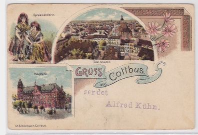94670 Ak Lithographie Gruß aus Cottbus Spreewälderin, Hauptpost usw. 1903