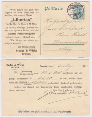 97834 DR Ganzsachen Postkarte P90 Zudruck Studer & Wicke Zigarren Bremen 1911