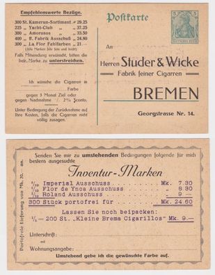 97835 DR Ganzsachen Postkarte P90 Zudruck Studer & Wicke Zigarren-Fabrik Bremen
