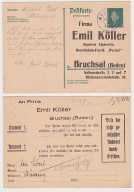98002 DR Ganzsachen Postkarte P183 Zudruck Emil Köller Rachtabak-Fabrik Bruchsal