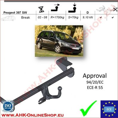 AHK Peugeot 307 SW 2002-2008 Kombi Anhängevorrichtung Anhängerkupplung AHZV NEU