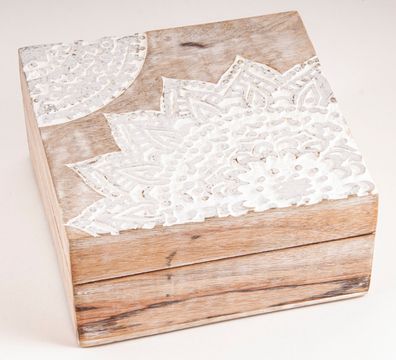Holzbox Mandala Blattsilber Mangoholz 17,5 cm Schatulle Kartenbox Schmuckkiste