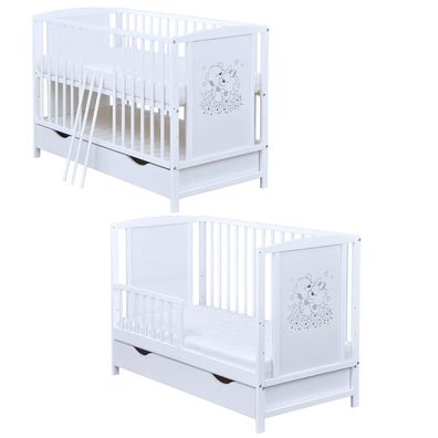 Babybett Kinderbett Schutzgitter 2in1 weiß 120x60 Bärchen mit Schublade Matratze