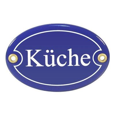 Email Emaille "Türschild Küche" Oval Blau/ Weiß Metallschild 10cm x 7cm