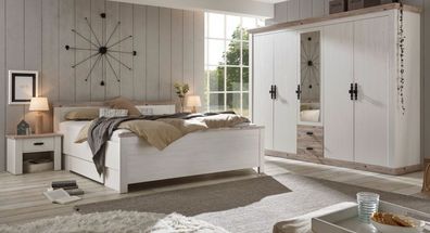 Schlafzimmer Komplettset Pinie weiß Landhaus mit Bett Schrank 2 x Nachttisch Rovola