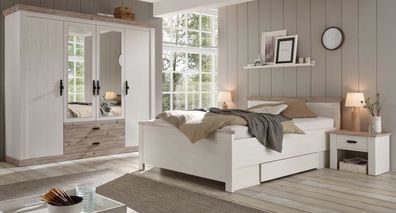 Schlafzimmer Set Rovola Pinie weiß Landhaus mit Bett Schrank und 2 x Nachttisch