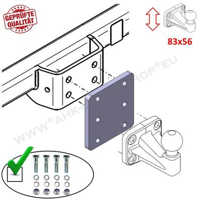 Höhenverstellbare Adapterplatte Anhängerbock 3x56 mm für AHK Flanschkugel 12 mm