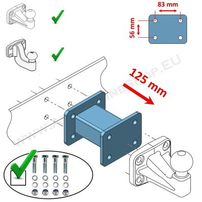 Distanzblech 125 mm für Anhängerkupplung Flanschkugel Anhängebock 83 x 56 mm