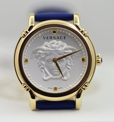 Versace VEPN00420 Safety Pin gold silber blau Leder Armband Uhr Damen