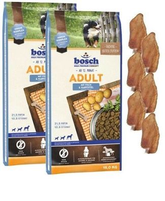 2x15kg Bosch Adult Fisch & Kartoffel Hundefutter + 6 x Kaninchenohren