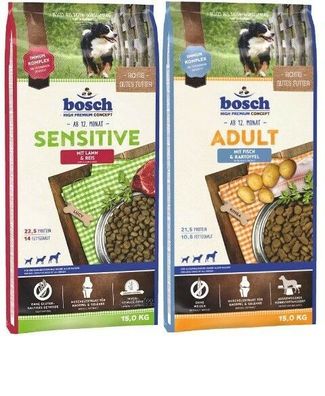 15kg Bosch Adult Sensitive Lamm & Reis + 15kg Bosch Adult Fisch & Kartoffel