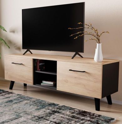 TV-Lowboard Eiche Gold schwarz Flat TV Unterschrank Fernsehtisch 140 cm FD-Don