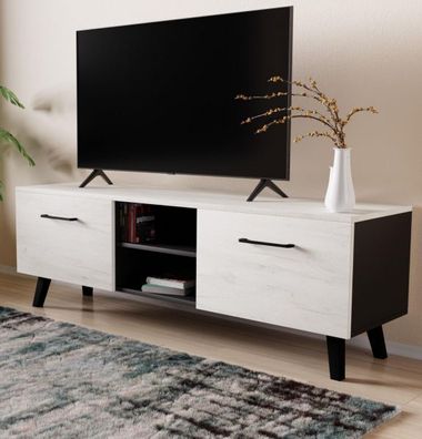 TV-Lowboard Unterschrank weiß Pinie und schwarz Fernseher Unterteil 140 cm FD-Don