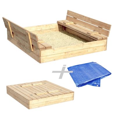Sandkasten Sandbox Sandkiste mit Klappdeckel Sitzbänken 120x120 Kiefernholz