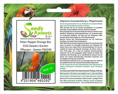 5x Peter Pepper Orange Bio Chili Gewürz Garten Pflanzen - Samen PW240