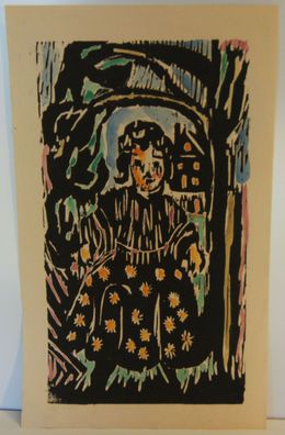 Holzschnitt aquarelliert Mädchen um 1930 /2195