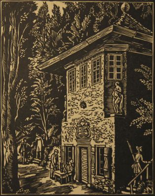 Holzschnitt Rudolf Riege Münchhausens Gartenhaus um 1920 /0701