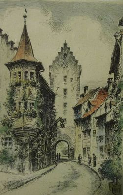 Radierung von Meersburg a.B. handkoloriert um 1910 /5114