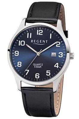 Regent Herren-Armbanduhr mit Lederband Schwarz/ Blau F-1240