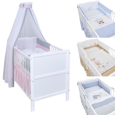 Babybett Kinderbett 2in1 Weiß 140x70 Premium Bettset mit Motiv komplett