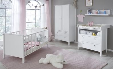 Babyzimmer Landhaus weiß komplett Set 4-teilig Wickelkommode Babybett Kleiderschra...