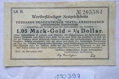 1,05 Goldmark Banknote Verband süddeutsch. Textil Arbeitgeber Hof 1923 (110397)