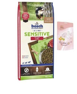 15kg Bosch Adult Sensitive Lamm & Reis Hundefutter + Lolo Hundekekse