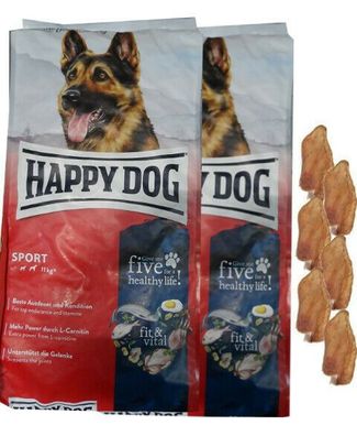 2x14kg Happy Dog Adult Sport Hundefutter + 6 x Kaninchenohren