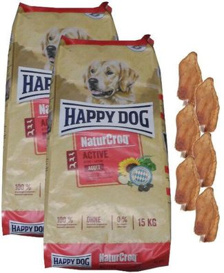 2x15kg Happy Dog Naturcroq Adult Active Hundefutter + 6 x Kaninchenohren