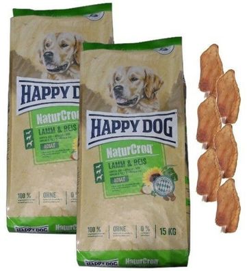 2x15kg Happy Dog Naturcroq Adult Lamm&Reis Hundefutter + 6 x Kaninchenohren
